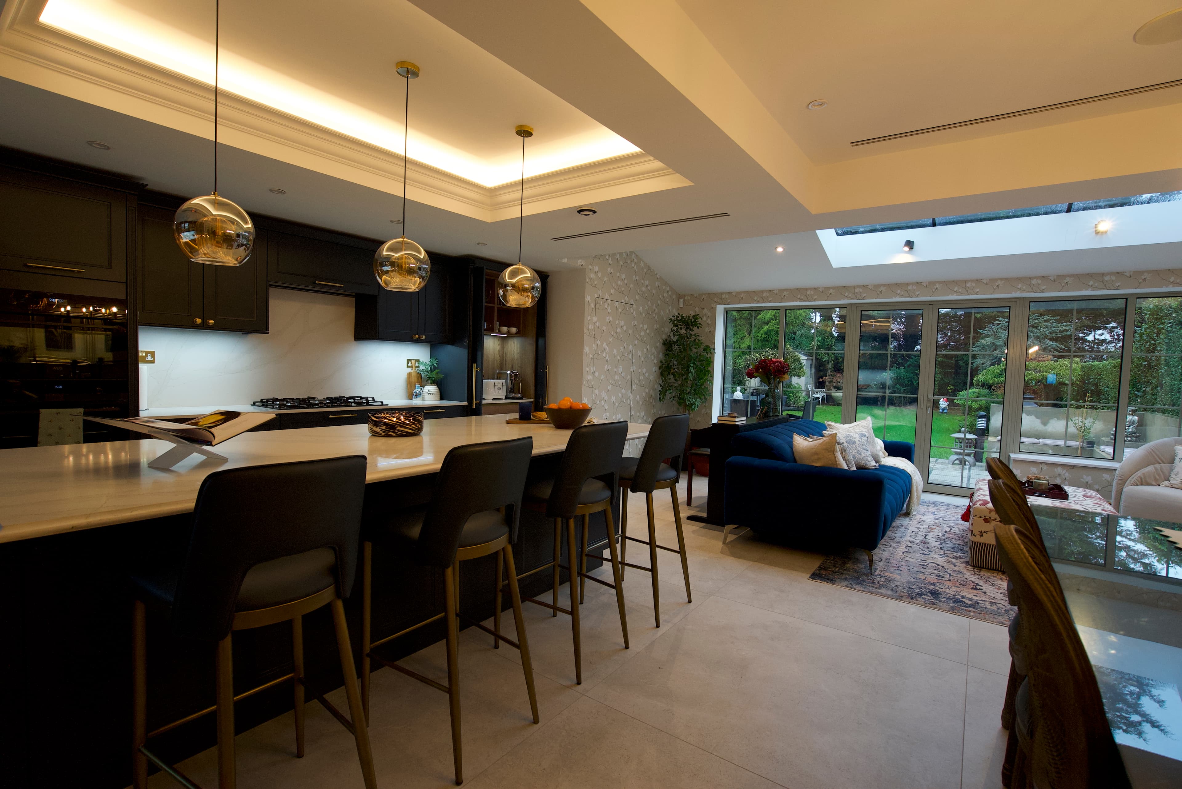 Kitchen island with smoked glass pendants